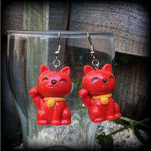 Load image into Gallery viewer, Maneki Neko earrings Lucky cat Beckoning cat Cat charms Good fortune cat Happy Cat earrings Kawaii earrings Tunnel earrings Plug earrings