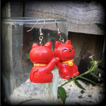 Load image into Gallery viewer, Maneki Neko earrings Lucky cat Beckoning cat Cat charms Good fortune cat Happy Cat earrings Kawaii earrings Tunnel earrings Plug earrings