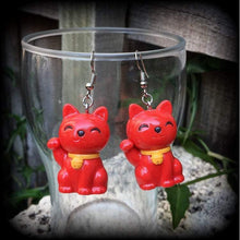 Load image into Gallery viewer, Maneki Neko earrings Lucky cat Beckoning cat Cat charms Good fortune cat Happy Cat earrings Kawaii earrings Tunnel earrings Plug earrings