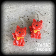 Load image into Gallery viewer, Maneki Neko earrings Lucky cat Beckoning cat Cat charms Good fortune cat Happy Cat earrings Kawaii earrings Tunnel earrings Plug earrings