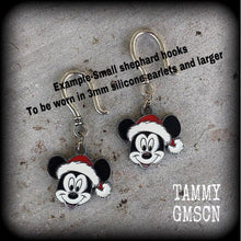 Load image into Gallery viewer, Christmas earrings Mickey earrings Halloween Earrings Mouse Earrings Dangle earrings Fairy tale earrings Gifts for her Tunnel dangles Gauges