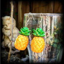 Load image into Gallery viewer, Pineapple earrings Vegan earrings Fruit salad Novelty earrings Clean eats Tunnel earrings Plug earrings Gauged earrings Tunnel dangles 2g 4g