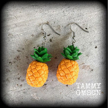 Load image into Gallery viewer, Pineapple earrings Vegan earrings Fruit salad Novelty earrings Clean eats Tunnel earrings Plug earrings Gauged earrings Tunnel dangles 2g 4g