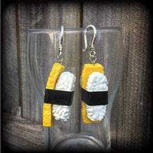 Load image into Gallery viewer, Sushi Earrings Food earrings Egg Tamago Nigiri Rice Sushi Roll Dangle earrings  3mm 4mm 5mm tunnel dangles 6mm 8mm 10 mm 0 gauge ear hangers