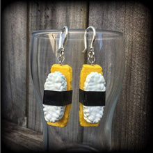 Load image into Gallery viewer, Sushi Earrings Food earrings Egg Tamago Nigiri Rice Sushi Roll Dangle earrings  3mm 4mm 5mm tunnel dangles 6mm 8mm 10 mm 0 gauge ear hangers