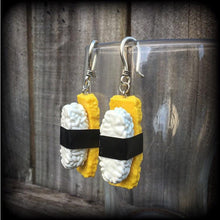 Load image into Gallery viewer, Sushi Earrings Food earrings Egg Tamago Nigiri Rice Sushi Roll Dangle earrings  3mm 4mm 5mm tunnel dangles 6mm 8mm 10 mm 0 gauge ear hangers