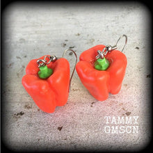 Load image into Gallery viewer, Capsicum earrings Pepper earrings Chili earrings Vegan earrings Vegetable Food earrings 3mm 8mm Tunnel earrings Ear hangers  4mm Plug gauges