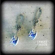 Load image into Gallery viewer, 4mm 6 gauge ear hangers Tea cup earrings Devonshire tea earrings Alice in Wonderland 5mm Tunnel earrings 4mm Tunnel dangles Plug earrings