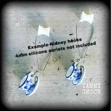 Load image into Gallery viewer, 4mm 6 gauge ear hangers Tea cup earrings Devonshire tea earrings Alice in Wonderland 5mm Tunnel earrings 4mm Tunnel dangles Plug earrings