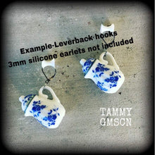 Load image into Gallery viewer, Tea pot earrings China teapot earrings Alice in Wonderland Tea Party earrings 3mm 4mm 6mm 8mm tunnel dangles 2 gauge plug earrings Gauges