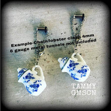 Load image into Gallery viewer, Tea pot earrings China teapot earrings Alice in Wonderland Tea Party earrings 3mm 4mm 6mm 8mm tunnel dangles 2 gauge plug earrings Gauges