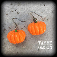 Load image into Gallery viewer, Pumpkin earrings Vegan jewelry Vegetable earrings Food jewelry Thanksgiving Roast dinner Halloween earrings Gauged earrings Tunnel dangles