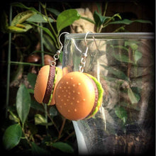 Load image into Gallery viewer, Cheese burger earrings Food earrings Snack food Hamburger earrings Fast food jewelry Novelty earrings Junk food jewelry Gauges Munchie 2g 4g