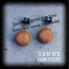 Load image into Gallery viewer, Cheese burger earrings Food earrings Snack food Hamburger earrings Fast food jewelry Novelty earrings Junk food jewelry Gauges Munchie 2g 4g