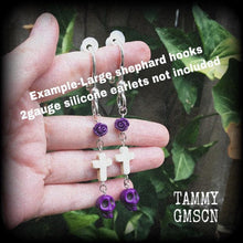 Load image into Gallery viewer, Day of the Dead earrings Skull earrings Rose earrings Tunnel earrings Inverted Cross earrings Halloween jewelry Los Muertos jewelry Sangria