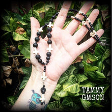Load image into Gallery viewer, Baron Samedi Voodoo Loa Black Skull and Inverted stone cross necklace 'Samedi' Black and Dirty White Howlite Stone Rosary Bead Necklace