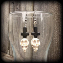 Load image into Gallery viewer, Voodoo Earrings Skull Earrings Baron Samedi Stone Skull Loa Day of the dead Halloween Inverted Cross Black skull Gauged earrings 2g 4g 6g