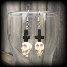 Load image into Gallery viewer, Voodoo Earrings Skull Earrings Baron Samedi Stone Skull Loa Day of the dead Halloween Inverted Cross Black skull Gauged earrings 2g 4g 6g