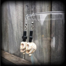 Load image into Gallery viewer, Voodoo Earrings Skull Earrings Baron Samedi Stone Skull Loa Day of the dead Halloween Inverted Cross Black skull Gauged earrings 2g 4g 6g