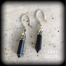 Load image into Gallery viewer, Black onyx earrings Gemstone earrings Chakra earrings Pendulum earrings Dangle earrings Plug earrings Tunnel earrings Boho earrings Gauges
