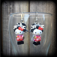 Load image into Gallery viewer, Hello Kitty earrings, Geisha Maiko earrings, Happy Cat, Japanese earrings, My melody, Plug earrings, Kawaii earrings, Kitsch earrings, 14g