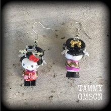 Load image into Gallery viewer, Hello Kitty earrings, Geisha Maiko earrings, Happy Cat, Japanese earrings, My melody, Plug earrings, Kawaii earrings, Kitsch earrings, 14g