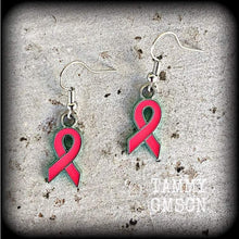 Load image into Gallery viewer, Pink ribbon earrings Cancer earrings Pink earrings Pink jewelry Kitsch earrings Dangle earrings Plug earrings 8g 6g 4g 2g Tunnel earrings