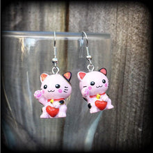 Load image into Gallery viewer, Maneki Neko Earrings Pink cat earrings Happy Cat Japanese Beckoning Cat Plug earrings Kawaii Kitsch Tunnel earrings Tunnel dangles Gauges 0g