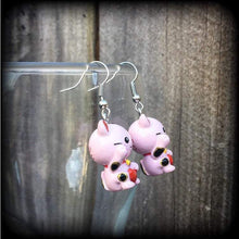 Load image into Gallery viewer, Maneki Neko Earrings Pink cat earrings Happy Cat Japanese Beckoning Cat Plug earrings Kawaii Kitsch Tunnel earrings Tunnel dangles Gauges 0g