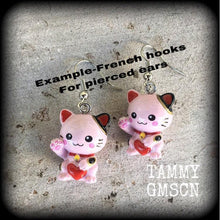 Load image into Gallery viewer, Maneki Neko Earrings Pink cat earrings Happy Cat Japanese Beckoning Cat Plug earrings Kawaii Kitsch Tunnel earrings Tunnel dangles Gauges 0g