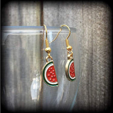 Load image into Gallery viewer, Watermelon earrings Fruit jewelry Vegan earrings Five dollar earrings Retro earrings Plant jewelry Vegan jewelry Cute earrings Tunnels