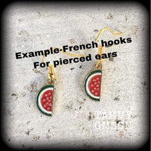 Load image into Gallery viewer, Watermelon earrings Fruit jewelry Vegan earrings Five dollar earrings Retro earrings Plant jewelry Vegan jewelry Cute earrings Tunnels