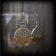 Load image into Gallery viewer, Bee earrings Bee hive earrings Hexagon earrings Geometric earrings Insect Tunnel earrings Plug earrings Hanging gauges Tunnel dangles Plugs