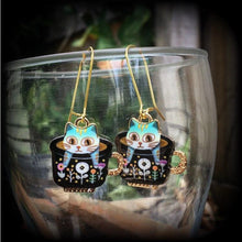 Load image into Gallery viewer, Cat earrings Crazy Cat Lady earrings Folk art earrings Teapot earrings Animal earrings Quirky earrings Kidney hooks Leverback hook earrings