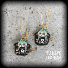 Load image into Gallery viewer, Cat earrings Crazy Cat Lady earrings Folk art earrings Teapot earrings Animal earrings Quirky earrings Kidney hooks Leverback hook earrings