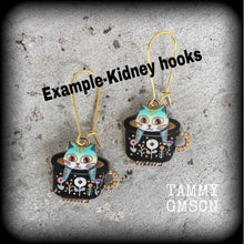 Load image into Gallery viewer, Cat earrings Crazy Cat Lady earrings Folk art earrings Teapot earrings Animal earrings Quirky earrings Kidney hooks Leverback hook earrings