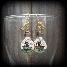 Load image into Gallery viewer, Day of the Dead Cat earrings Tunnel Plug earrings Crazy Cat Lady earrings Witches familiar Feline jewelry Animal earrings Quirky earrings