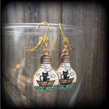 Load image into Gallery viewer, Day of the Dead Cat earrings Tunnel Plug earrings Crazy Cat Lady earrings Witches familiar Feline jewelry Animal earrings Quirky earrings