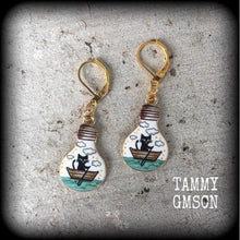 Load image into Gallery viewer, Day of the Dead Cat earrings Tunnel Plug earrings Crazy Cat Lady earrings Witches familiar Feline jewelry Animal earrings Quirky earrings