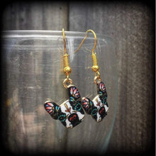 Load image into Gallery viewer, Dog earrings Day of the Dead earrings French bulldog Canine jewelry Animal earrings Quirky earrings Kidney hooks Leverback hook earrings