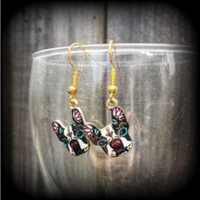 Load image into Gallery viewer, Dog earrings Day of the Dead earrings French bulldog Canine jewelry Animal earrings Quirky earrings Kidney hooks Leverback hook earrings