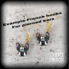 Load image into Gallery viewer, Dog earrings Day of the Dead earrings French bulldog Canine jewelry Animal earrings Quirky earrings Kidney hooks Leverback hook earrings