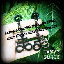 Load image into Gallery viewer, Brimstone earrings Occult earrings Church of Satan earrings Sigil of Sulphur 20g Plug dangles Earrings for stretched lobes and pierced ears