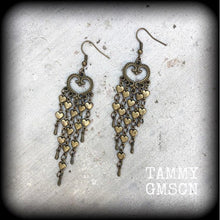 Load image into Gallery viewer, Voodoo Earrings Heart earrings Chandeleir earrings Erzulie jewelry Day of the dead Tunnel dangles Dangle earrings Gauged earrings Santeria