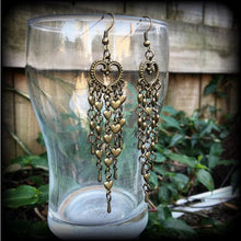Load image into Gallery viewer, Voodoo Earrings Heart earrings Chandeleir earrings Erzulie jewelry Day of the dead Tunnel dangles Dangle earrings Gauged earrings Santeria