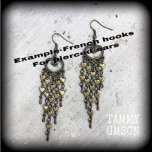 Load image into Gallery viewer, Voodoo Earrings Heart earrings Chandeleir earrings Erzulie jewelry Day of the dead Tunnel dangles Dangle earrings Gauged earrings Santeria