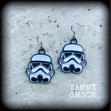 Load image into Gallery viewer, Storm Trooper Star Wars earrings Rebel Alliance Sci Fi earrings Imperial Empire Clone earrings Plug earrings Nerd jewelry Tunnel earrings 2g