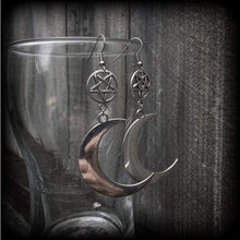 Load image into Gallery viewer, Inverted pentagram earrings Crescent moon earrings Goddess earrings Moon earrings Witchy earrings Plug earrings Tunnel earrings Pagan Nature