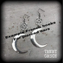Load image into Gallery viewer, Inverted pentagram earrings Crescent moon earrings Goddess earrings Moon earrings Witchy earrings Plug earrings Tunnel earrings Pagan Nature