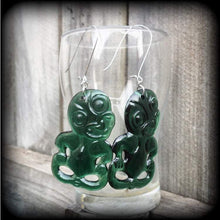 Load image into Gallery viewer, Green tiki earrings Kiwi earrings New Zealand earrings Maori earrings Tumatauenga Tane earrings Tunnel dangles Plug earrings Gauged earrings